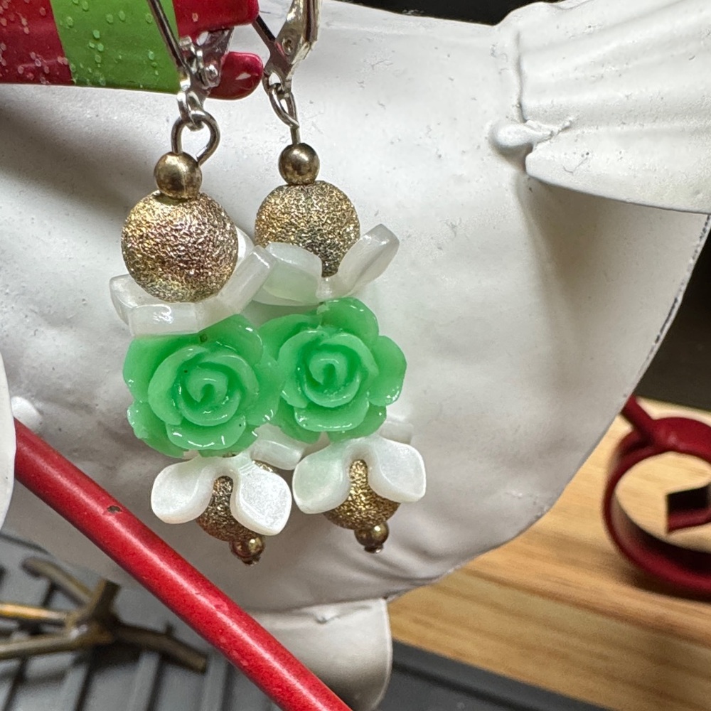 Unique Lever-Back Green Rose Drop Earrings 3/$22